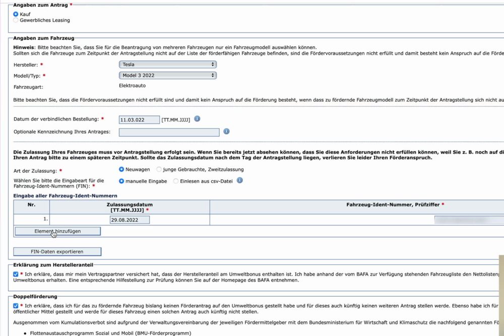Angaben zum Fahrzeugmodell, Zulassung und FIN